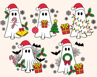 May include: Six white ghosts wearing Santa hats with different Christmas decorations. The ghosts are holding candy canes, presents, a wreath, a Christmas tree, and Christmas lights.
