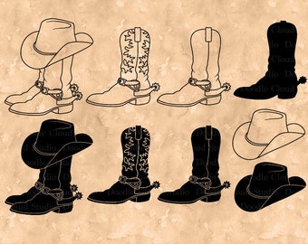 Cowboy Boot SVG, Cowboy Hat SVG, Cowboy Hat Boots SVG Files per Silhouette e Cricut. Country Western, Boots Cowboy Western Hat Clipart.