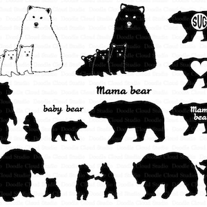 May include: A collection of bear illustrations in black and white. The image includes various bear designs, such as a mama bear with cubs, a bear with a heart, and bears with text like "Mama bear" and "baby bear".