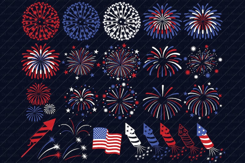 May include: A set of 28 red, white, and blue firework illustrations. The fireworks are in various shapes and sizes, including stars, bursts, and rockets. The illustrations are perfect for adding a festive touch to your Fourth of July projects.