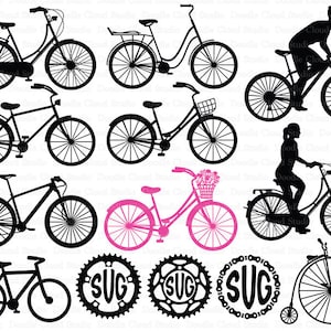 Puede incluir: Un conjunto de diez im&aacute;genes en silueta negra de bicicletas, incluyendo una bicicleta con una cesta de flores, una bicicleta con una persona montando en ella y una bicicleta con una rueda delantera grande. Tambi&eacute;n hay tres im&aacute;genes en blanco y negro de un engranaje con las letras "SUG" en el centro.