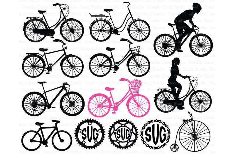 Puede incluir: Un conjunto de diez im&aacute;genes en silueta negra de bicicletas, incluyendo una bicicleta con una cesta de flores, una bicicleta con una persona montando en ella y una bicicleta con una rueda delantera grande. Tambi&eacute;n hay tres im&aacute;genes en blanco y negro de un engranaje con las letras "SUG" en el centro.