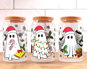 May include: Three clear glass jars with bamboo lids and straws. Each jar has a different Christmas-themed ghost design. One ghost is holding a candy cane, another is wrapped in Christmas lights, and the third is holding a gift box.
