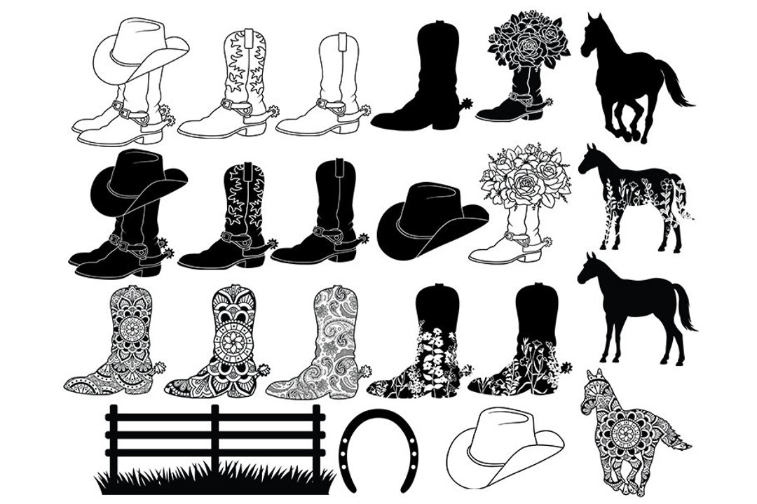 Cowboy & Cowgirl Boots SVG, Hats, Horses SVG Bundle, Western Digital