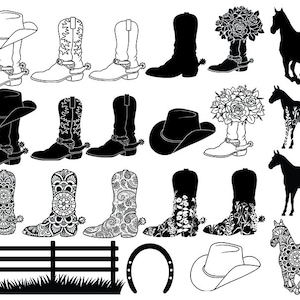Botas de cowboy e cowgirl SVG, chapéus, pacote SVG de cavalos, arquivos de corte digital ocidental, designs country ocidentais para cricut, silhueta, hipismo.