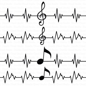 Musical Notes SVG, Musical Heart beat SVG Files voor Silhouette Cameo en Cricut. Treble clef, Notes clipart PNG inbegrepen