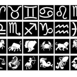 24 Cyfrowy szablon znaku zodiaku, Ilustrowany szablon znaku zodiaku Cyfrowe szablony SVG, Cięcie plików wektorowych, Szablon folii Mylar. Horoskop.