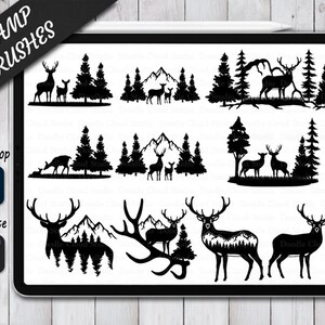 May include: A digital illustration of 10 black and white stamp brushes featuring deer, mountains, and trees. The text "STAMP BRUSHES" is at the top of the image. The text "Photoshop" and "Procreate" are at the bottom of the image.