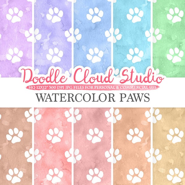 Watercolor Paws digital paper, Paw Prints pattern, Digital Paws, pastel watercolor background Instant Download for Personal & Commercial Use