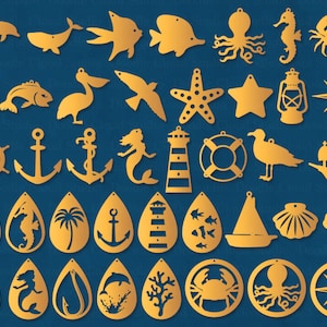 Nautische Ohrringe SVG, Nautische Ohrringe Vorlage SVG-Dateien für Silhouette und Cricut. Anhänger SVG, Schmuck Nautik, Fisch, Muschel, Anker, Boot