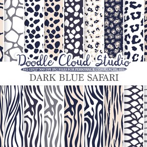 Dark Navy Blue Cream Grey Animal Safari digital paper Hide pattern Giraffe Zebra Leopard Snake Tiger background Personal &amp; Commercial Use