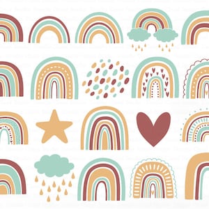 Könnte beinhalten: Ein Set mit 18 bunten Regenbogen-Illustrationen in verschiedenen Stilen. Die Regenbögen sind in Braun-, Orange-, Gelb-, Grün-, Blau- und Rottönen gehalten. Einige Regenbögen haben zusätzliche Details wie Herzen, Sterne und Regentropfen.