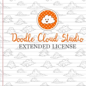 以下が含まれることがあります： 手書きの雲が繰り返し描かれた白い背景。画像の中央に「Doodle Cloud Studio EXTENDED LICENSE」というテキストがあります。オレンジ色の水玉模様の円の中に、笑顔の雲のキャラクターが描かれています。