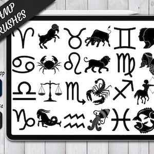 Peut inclure: Un ensemble de 12 pinceaux de tampons zodiacaux noirs et blancs à utiliser dans Photoshop et Procreate. Les pinceaux présentent les symboles astrologiques du Bélier, du Taureau, des Gémeaux, du Cancer, du Lion, de la Vierge, de la Balance, du Scorpion, du Sagittaire, du Capricorne, du Verseau et des Poissons.