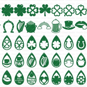 May include: A set of 30 digital cut files for creating St. Patrick's Day earrings. The designs include shamrocks, leprechauns, pots of gold, horseshoes, and more. The files are in SVG, DXF, and PNG formats.