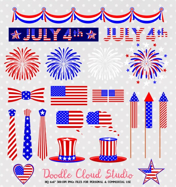 4 July Clipart Fireworks Flag Bunting Banners Hats Tie Usa