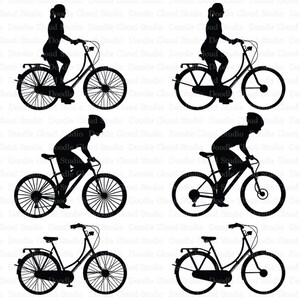 Puede incluir: Siluetas de cinco personas montando en bicicleta. Las bicicletas son de diferentes estilos, algunas con cestas y otras con asientos. Las personas visten ropa informal.