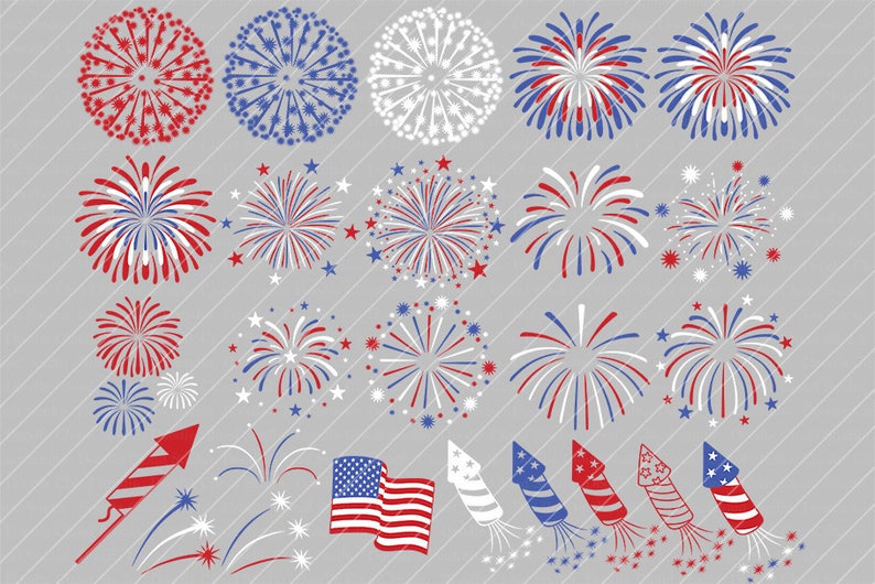 May include: A set of 20 red, white, and blue firework illustrations. The fireworks are in various shapes and sizes, with some having stars around them. There are also illustrations of fireworks rockets and an American flag.