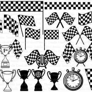 Rennflaggen SVG, Checkered Flagge, Renntrophäe geschnitten, Monogramm Schmuck, Racing Stoppuhr, Racing SVG-Dateien für Silhouette und Cricut. Fertig Flagge