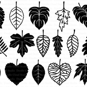 Puede incluir: Un conjunto de 15 ilustraciones de siluetas de hojas en blanco y negro. Las hojas son de varias formas y tama&ntilde;os, incluyendo arce, roble y helecho.
