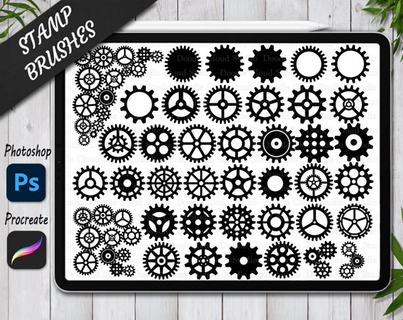 Gear Pattern Stamp Cogs and Gears Stamps Brush for Procreate and Photoshop. Steampunk ...