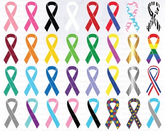 Awareness Ribbons Bundle Clipart, Awareness Ribbon SVG, Awareness Diabetes, Autism, Arthritis, Pink and Blue Ribbon, Medullary Sponge Kidney
