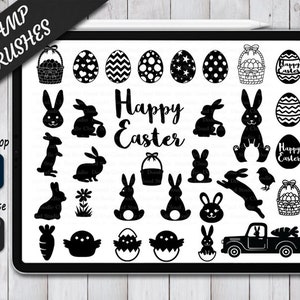 May include: A digital illustration on a tablet featuring Easter-themed stamp brushes. The black and white designs include Easter eggs, bunnies, baskets, and the text "Happy Easter." The tablet also displays the Photoshop and Procreate logos.