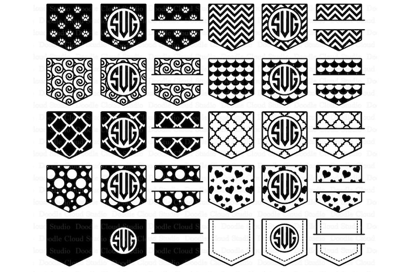 May include: A set of 24 black and white pocket designs with different patterns, including paw prints, swirls, hearts, and geometric shapes. Each design includes a space for a monogram and a blank space for text. The text "Studio Doodle Cloud" is visible at the bottom of the image.