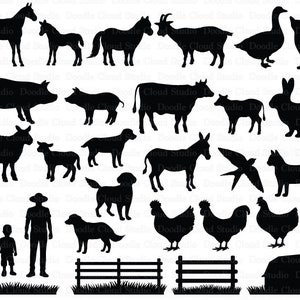 Farm SVG, Farm Animals SVG Files for Silhouette and Cricut. Hen, Rooster, Cow, Pig, Horse, Barn, Fence, Goose, Donkey, Rabbit, Farmer Family