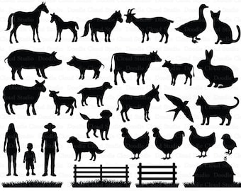 Farm SVG, Farm Animals SVG Files for Silhouette and Cricut. Hen, Rooster, Cow, Pig, Horse, Barn, Fence, Goose, Donkey, Rabbit, Farmer Family