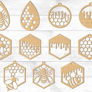 Bienen Ohrringe Set SVG. Bienenohrring-Anhänger-Datei für Lasercutter und Glowforge, Biene, Wabe, Honig, Laser geschnittene digitale Datei, SVG-Schnittdateien.
