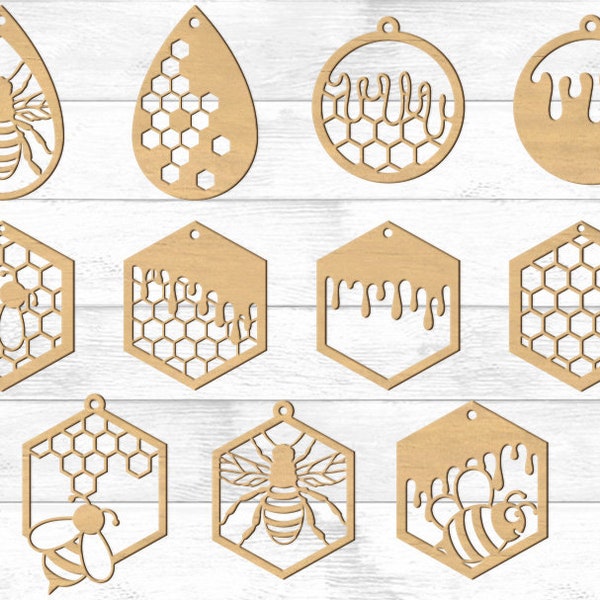 Bee Earrings Set SVG. Bee Earring Pendant File for Laser Cutter and Glowforge, Bee, Honeycomb, Honey, Laser Cut Digital File, SVG Cut Files.