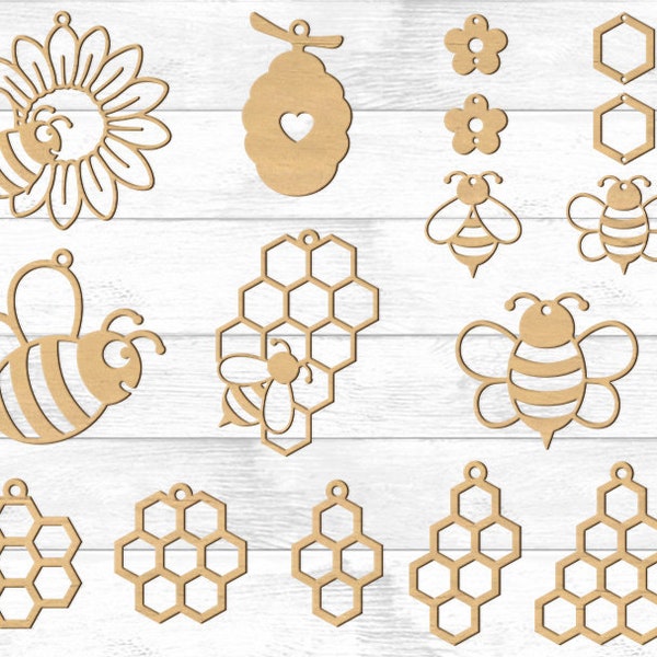 Bee Pendant Earrings SVG Files  for Laser Cutter and Glowforge, Laser Engraved Files, Design SVG Laser Cut Digital File. Cute Bee Earring.