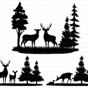 May include: Silhouette of a family of deer in a woodland setting. Two adult deer stand together, while a smaller deer stands behind them. The deer are surrounded by tall pine trees.