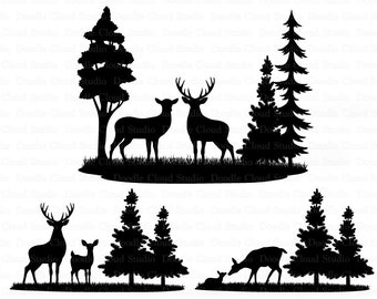 Deers Bundle SVG, Deer SVG Files for Silhouette & Cricut. Wildlife Svg, Landscape Svg, Forest Deer Clipart, Hunting SVG, Doe, Fawn, Buck.