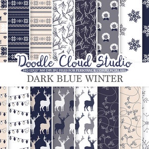 Dark Navy Blue Cream Gray Winter digital paper, Christmas Holiday patterns, Stars Snow deers X-mas backgrounds, Personal & Commercial Use