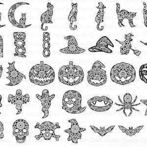Halloween Mandala SVG, Halloween Zentangle Bundle SVG Fichiers pour Silhouette et Cricut. Citrouille, Fantôme, Chat, Sorcière, Chauve-souris, Crâne, Chapeau de sorcière.
