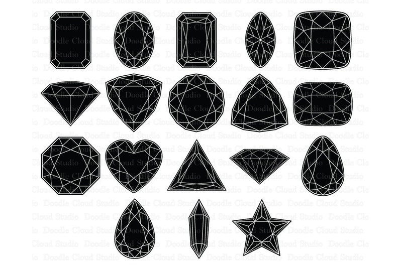 May include: A set of 18 black and white geometric diamond shapes. The shapes are various sizes and include a heart, star, oval, and triangle.