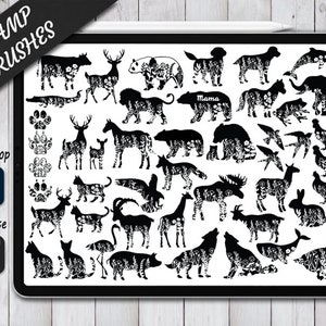 May include: A set of 30 black and white stamp brushes featuring various animals with floral designs. The brushes are compatible with Photoshop and Procreate. The text "Mama" is included in the design.