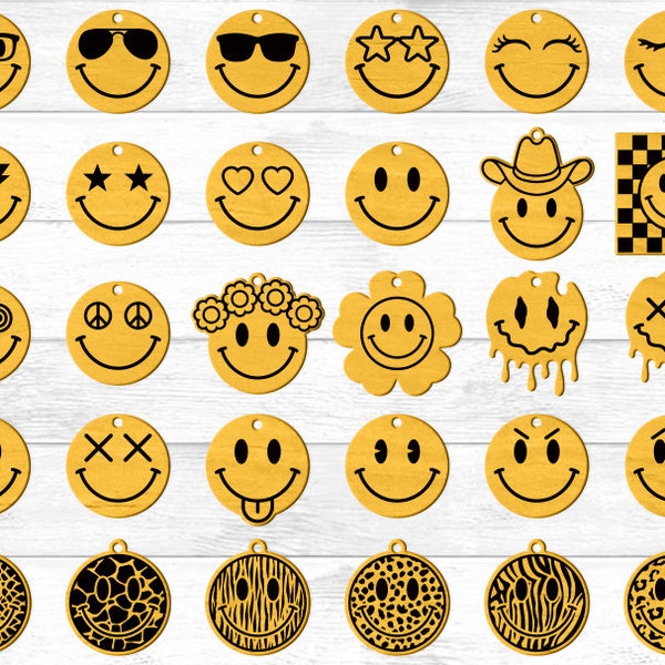 30 Smiley Face Earrings SVG, Smiley Earring Pendant SVG File for Laser Cutter and Glowforge, Laser Cut Template, Happy Face Earring SVG.