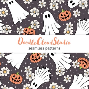 Halloween naadloos bloemenpatroon, spook, pompoen, Halloween Spooky naadloos digitaal patroon, herhalingspatroon voor stof, groovy Halloween.