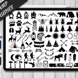 Camping Stamps Brushes for Procreate and Photoshop. Procreate Stamp and Brush. Photoshop Stamp and Brush. Camping Set Stamps Brushes.