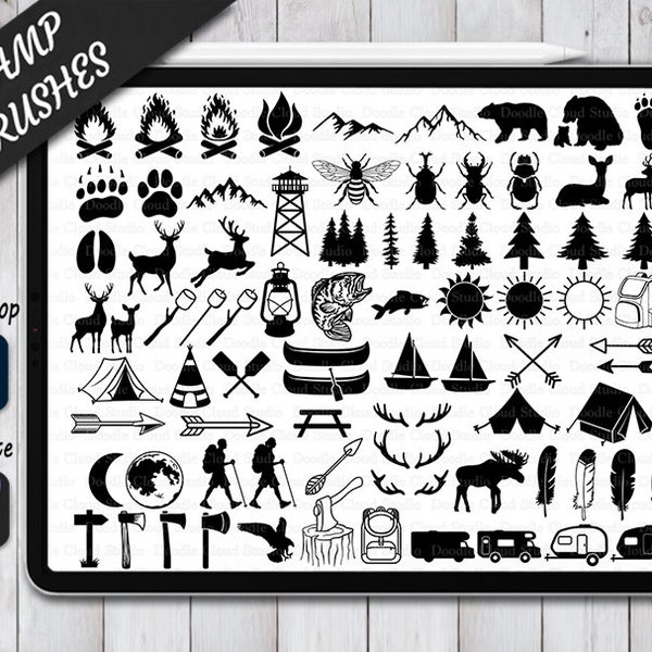 Camping Stamps Pennelli per Procreate e Photoshop. Procreare Timbro e Pennello. Photoshop Timbro e pennello. Camping Set Timbri Spazzole.