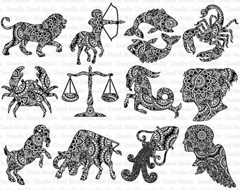 Zodiac Mandala SVG, 12 Illustrated Astrology Designs (Digital Download)