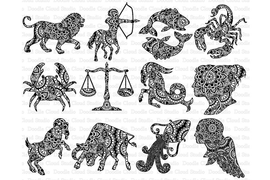 Zodiac Mandala SVG, 12 Illustrated Zodiac Mandala SVG Files