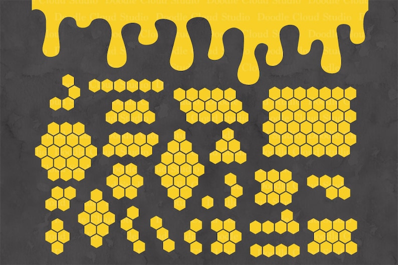 May include: A collection of yellow honeycomb shapes on a dark gray background. The honeycombs are of various sizes and arrangements, including squares, rectangles, and irregular shapes.