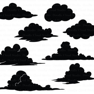 May include: A set of seven black silhouette cloud shapes, each with a unique shape and size. The clouds are isolated on a white background.
