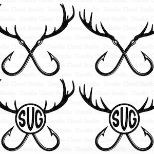 Angeln Jagd SVG, Hirsch Hörner und Haken SVG, Jagen und Angeln SVG-Dateien für Silhouette & Cricut. Deer Horns and Hooks Monogramm.