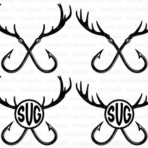 Fishing Hunting SVG, Deer Horns and Hooks SVG, Hunting and Fishing SVG Files for Silhouette & Cricut. Deer Horns and Hooks Monogram.