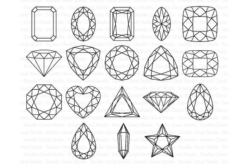 May include: A set of 18 black and white line art illustrations of different diamond shapes. The shapes include round, oval, emerald, pear, square, heart, triangle, and star.
